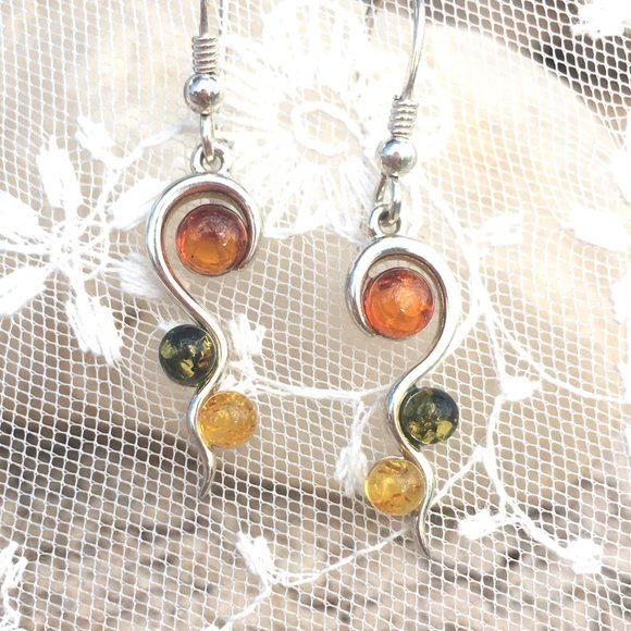 Genuine Baltic Amber Multicolor Earrings .925 Sterling Silver Swirl Design - Picture 10 of 13